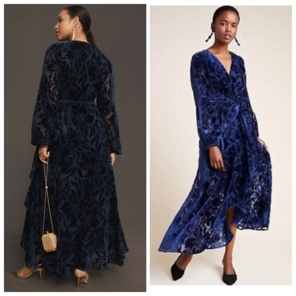 Anthropologie Daniella Navy Velvet Wrap Dress Size M - Picture 2 of 8